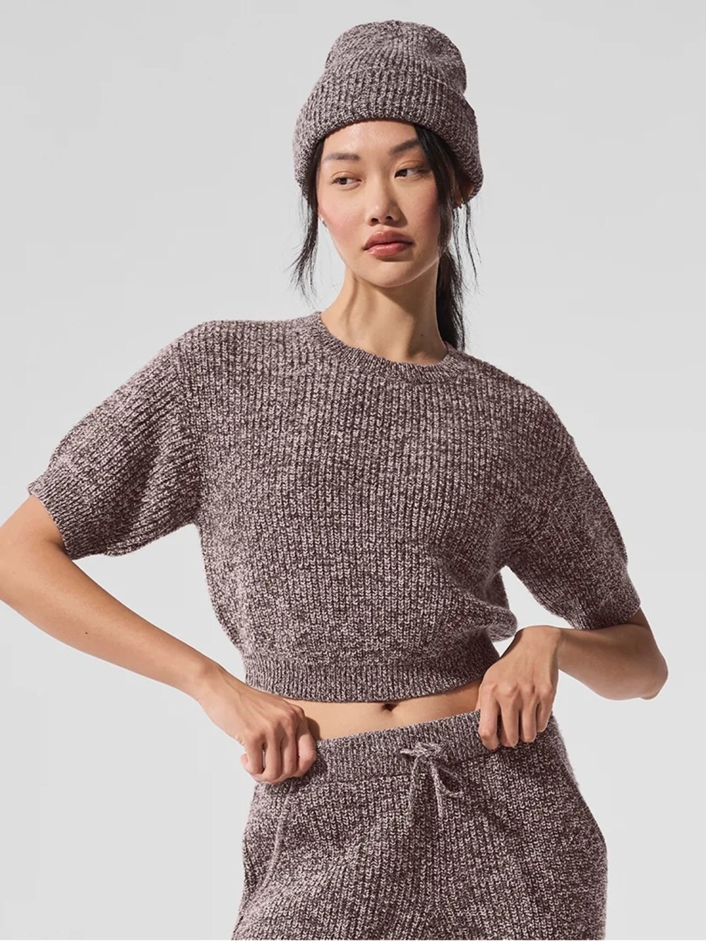 ALO Yoga Mark Sweater Short Sleeve in Mushroom Marl - EST. XS